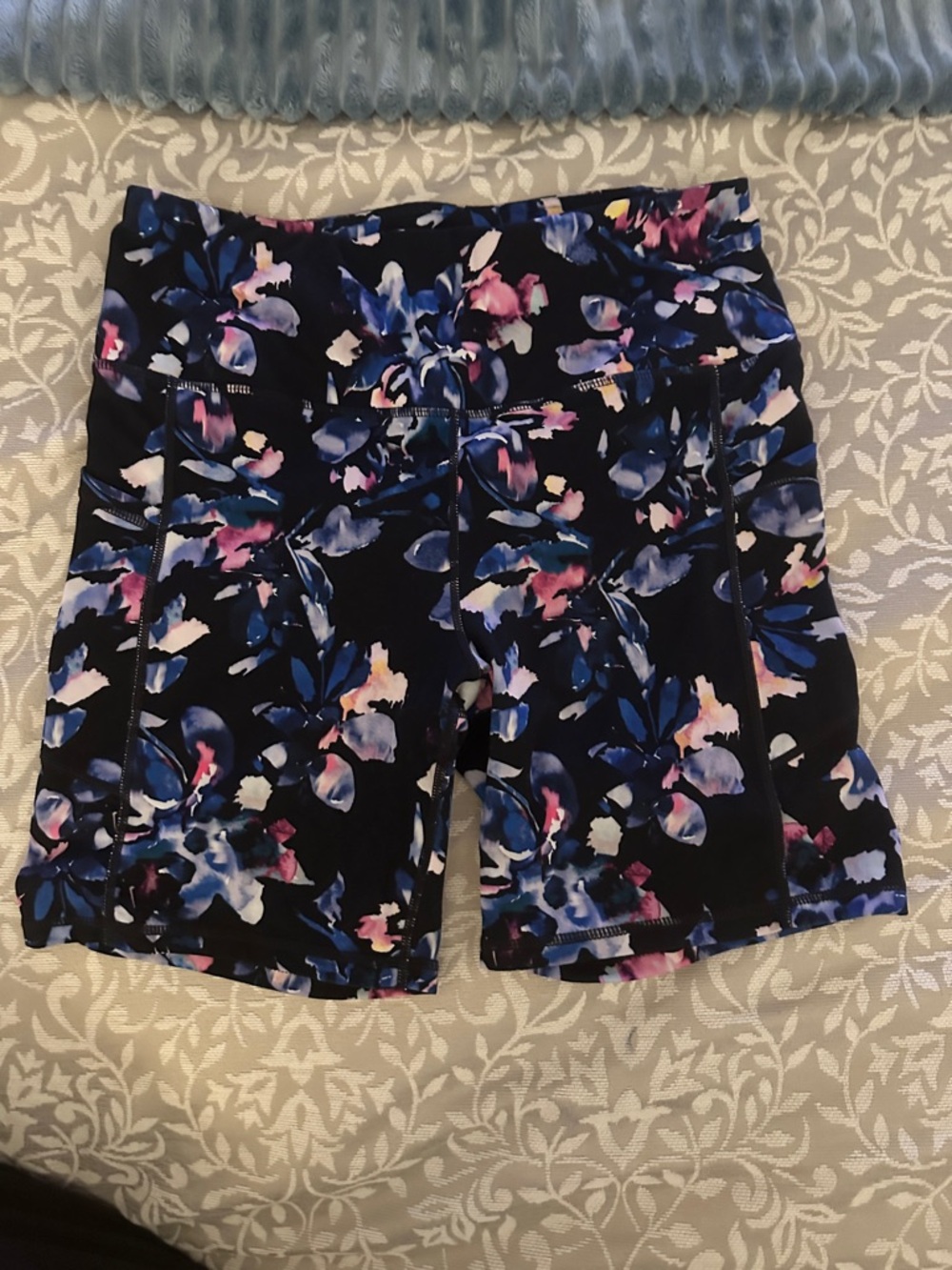 GAIAM Women's Black Floral Bike Shorts with Blue & Pink Accents